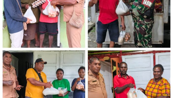 Pemkam Nawaripi Bagikan Sembako Bantuan Pemkab untuk Orang Asli Papua