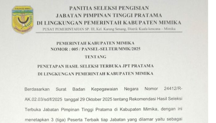Pansel Umumkan Tiga Besar Pejabat Hasil Seleksi Terbuka JPT Pratama Tahun 2025, Berikut Nama-namanya