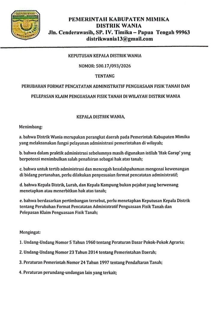 Distrik Wania Resmi Ubah Format Administrasi Tanah, Istilah “Hak Garap” Dihapus Mulai 19 Februari 2026
