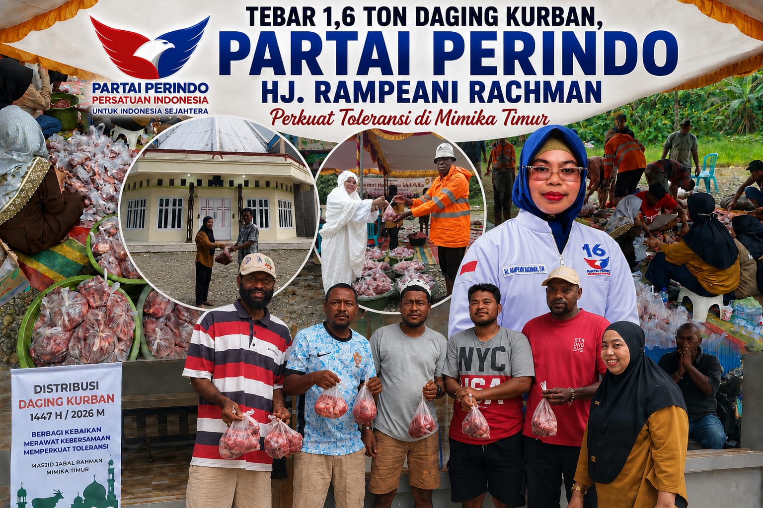 Tebar 1,6 Ton Daging Kurban, Hj. Rampeani Rachman Perkuat Toleransi dan Persaudaraan di Mimika Timur