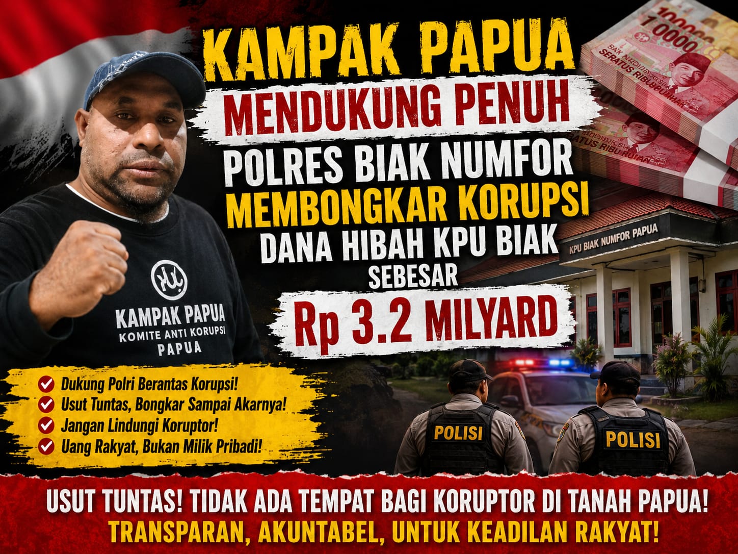 Kampak Papua Dukung Penuh Polres Biak Numfor Bongkar Dugaan Korupsi Dana Hibah KPU Biak Rp3,2 Miliar